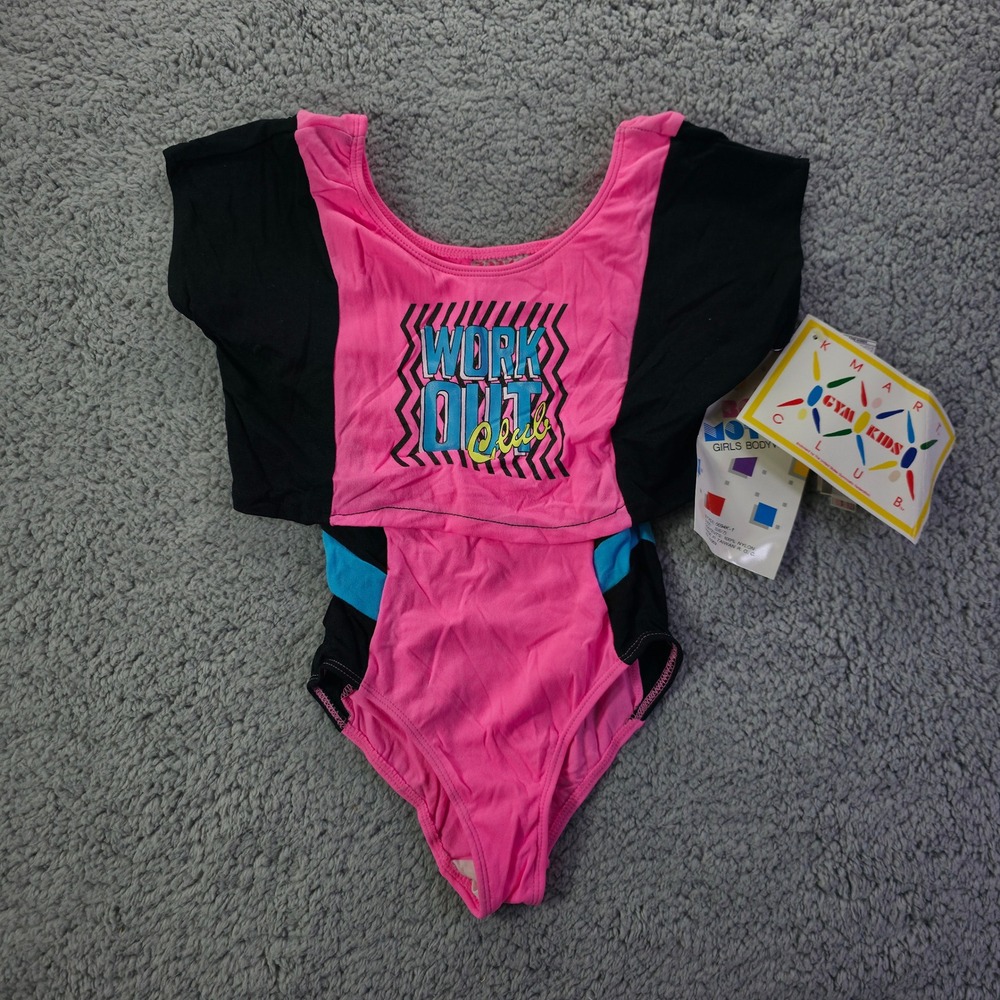 Vintage Body Motion Girls Leotard Pink Black Work Out Club Size 6/7 NWT 80s 90s